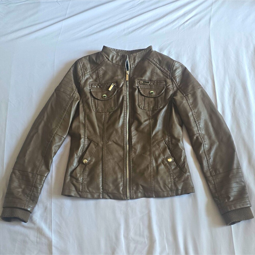 Royalty For Me Women's Brown Faux Leather Full Zip Lined Jacket Pockets S